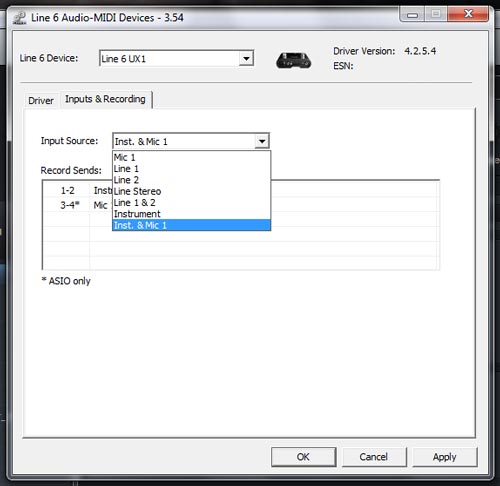 Line 6 UX1 input settings