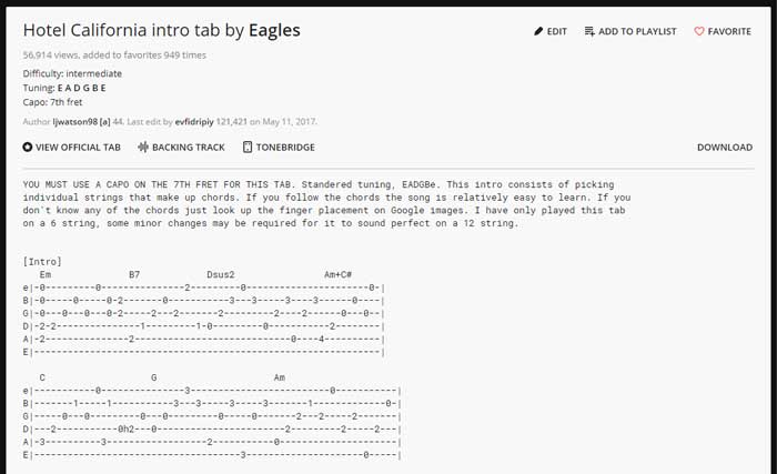 Hotel California szövegalapú Guitar TAB