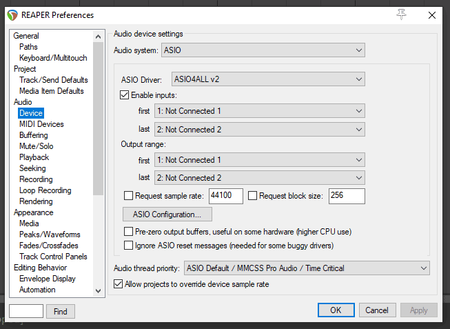 Reaper audio preferences