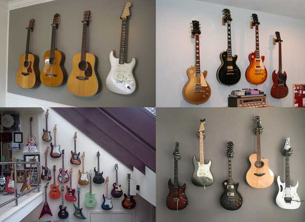 Multiple guitars on wall individually