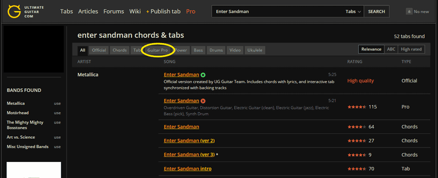 Ultimate Guitar song search