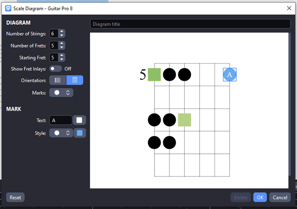 Opciones de diagramas de escala de Guitar Pro 8