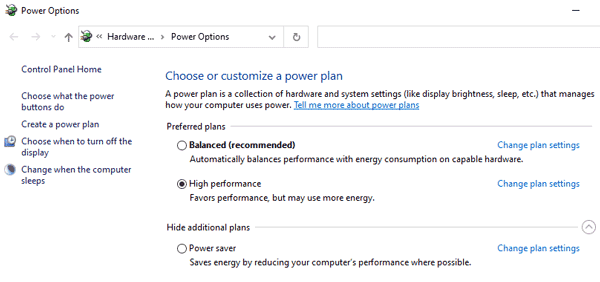 Windows 10 power options