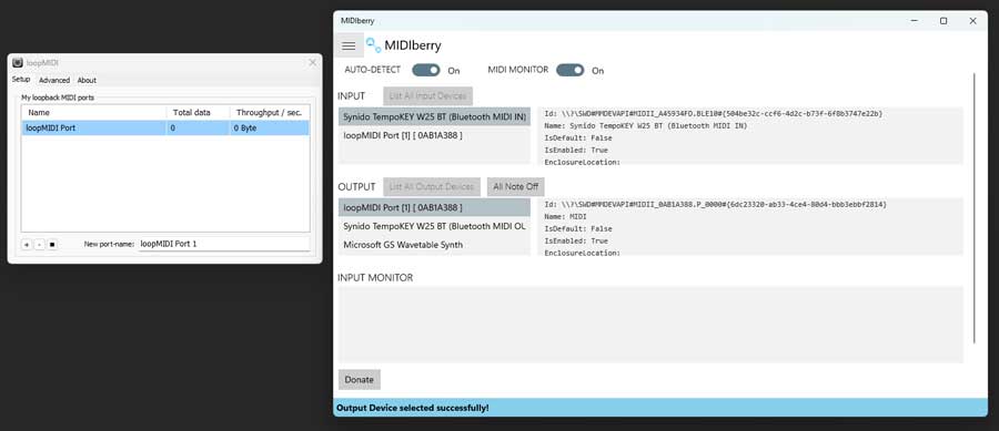 TempoKEY W25 Bluetooth Wireless MIDIberry and loopMIDI